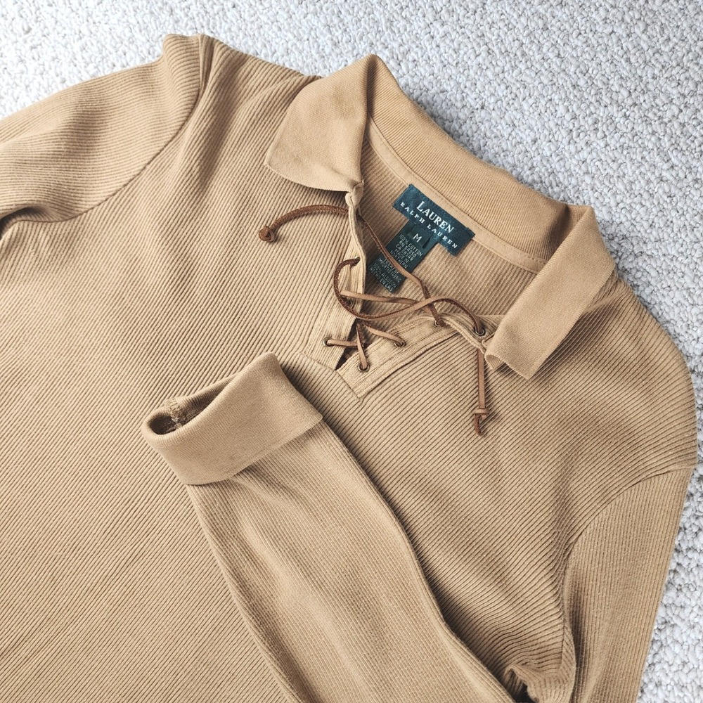 Lauren Ralph Lauren Lace Up Top M Ribbed Cotton Long Sleeve Tan Camel Preppy